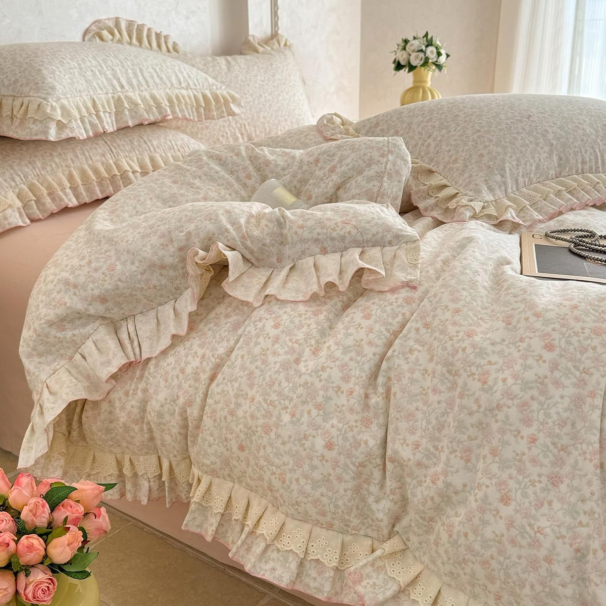Floral Duvet Cover Set Muslin Cotton Queen(90"x90"),Pink Flower