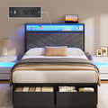 Fluest Queen Bed Frame with 2 Drawers, Upholstered Headboard with Storage and Charging Station, LED Lights, Fabric Drawers with Wheels, Under Bed Storage, No Box Spring Needed, Easy Assembly, Grey