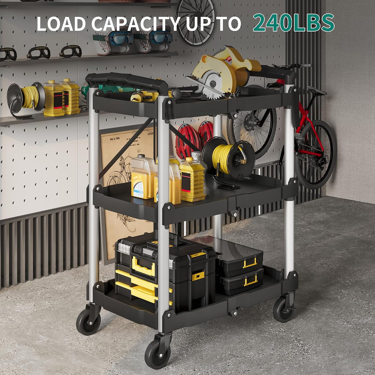 YITAHOME 3-Tier Folding Utility Cart with Wheels (2 Brakes), 240lbs