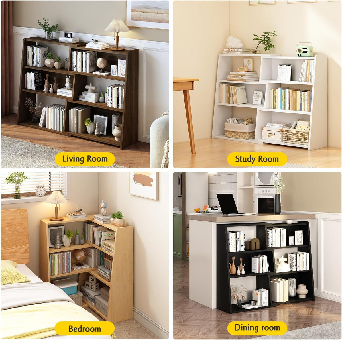 IOTXY Wooden Extendable Shelf Bookcase, 3-Tier Low Bookshelf, Walnut, S