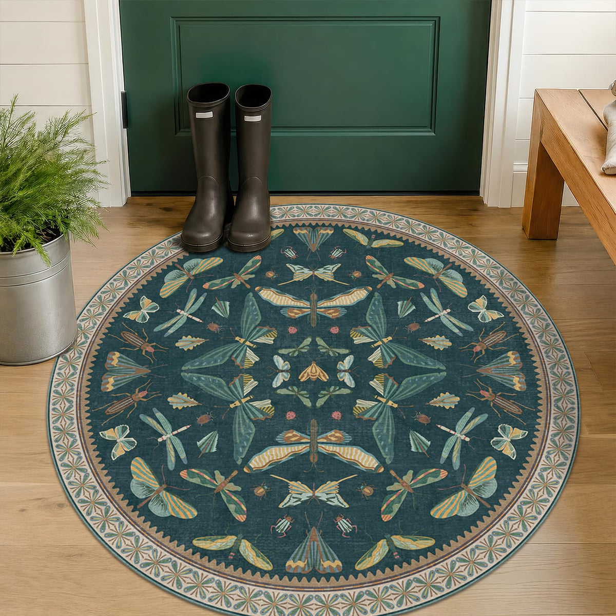 Hazo Haus Dark Green Insect Area Rugs 8x10 for Living Room, Dining Room Under Table, Bedroom, Unique Washable Floral Non Slip Low Pile Soft Rug
