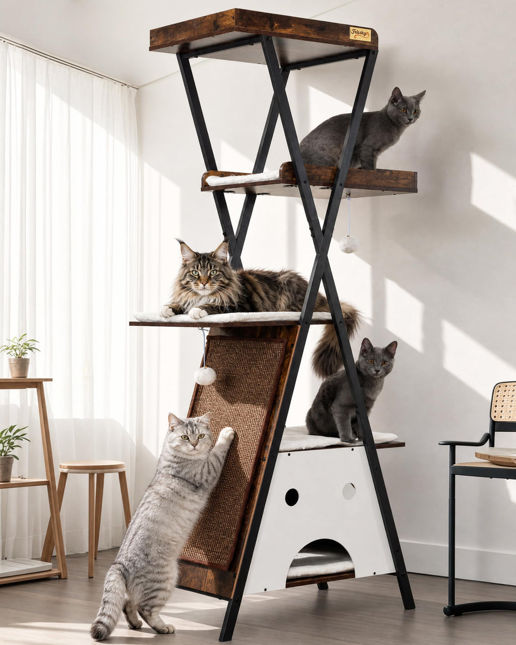 Modern Wood Cat Tree Tower for Indoor Cats Large Adult 67-in Tall