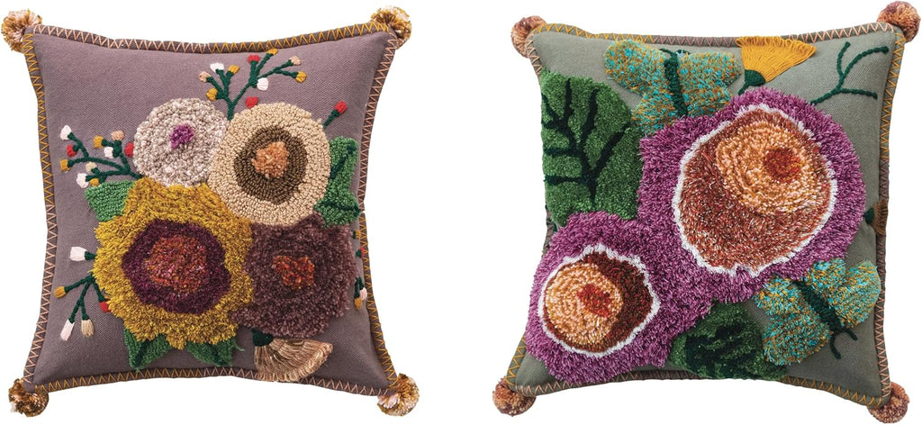 Creative Co-Op Embroidered Tufted Cotton Pillows, Multicolor, Set of 2