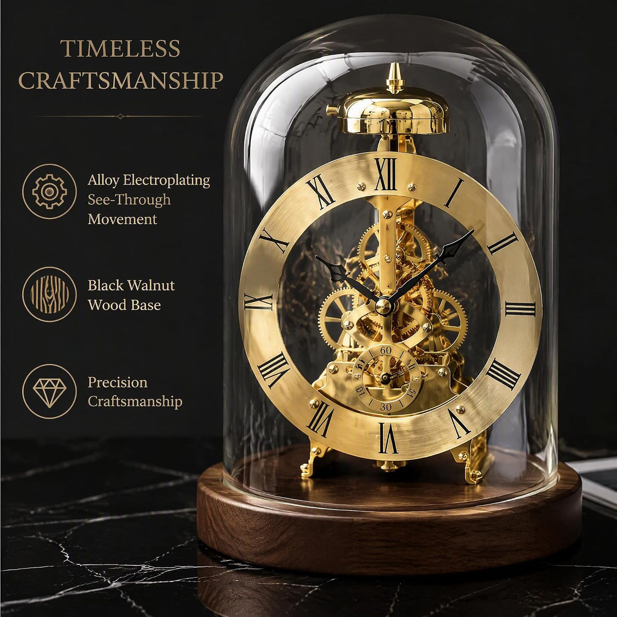 Mechanical Vintage Glass Dome Table Clock, Black Walnut Night Light Desk Clock, Sound-Activated Warm LED Night Light, Quartz + Mechanical See-Through Movement, Desk Decor Accessories