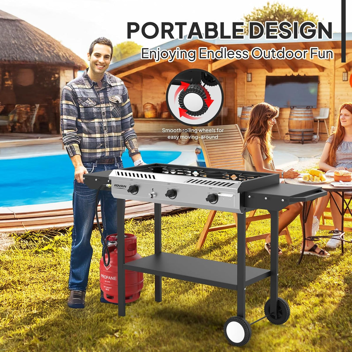 ROVSUN 3 Burner Outdoor Propane Gas Stove with Ignition, Regulator & Side Shelves, 225,000 BTU Rolling Gas Stove Outdoor Cooker for Backyard Patio Cooking Home Camping Brewing Canning Turkey Frying