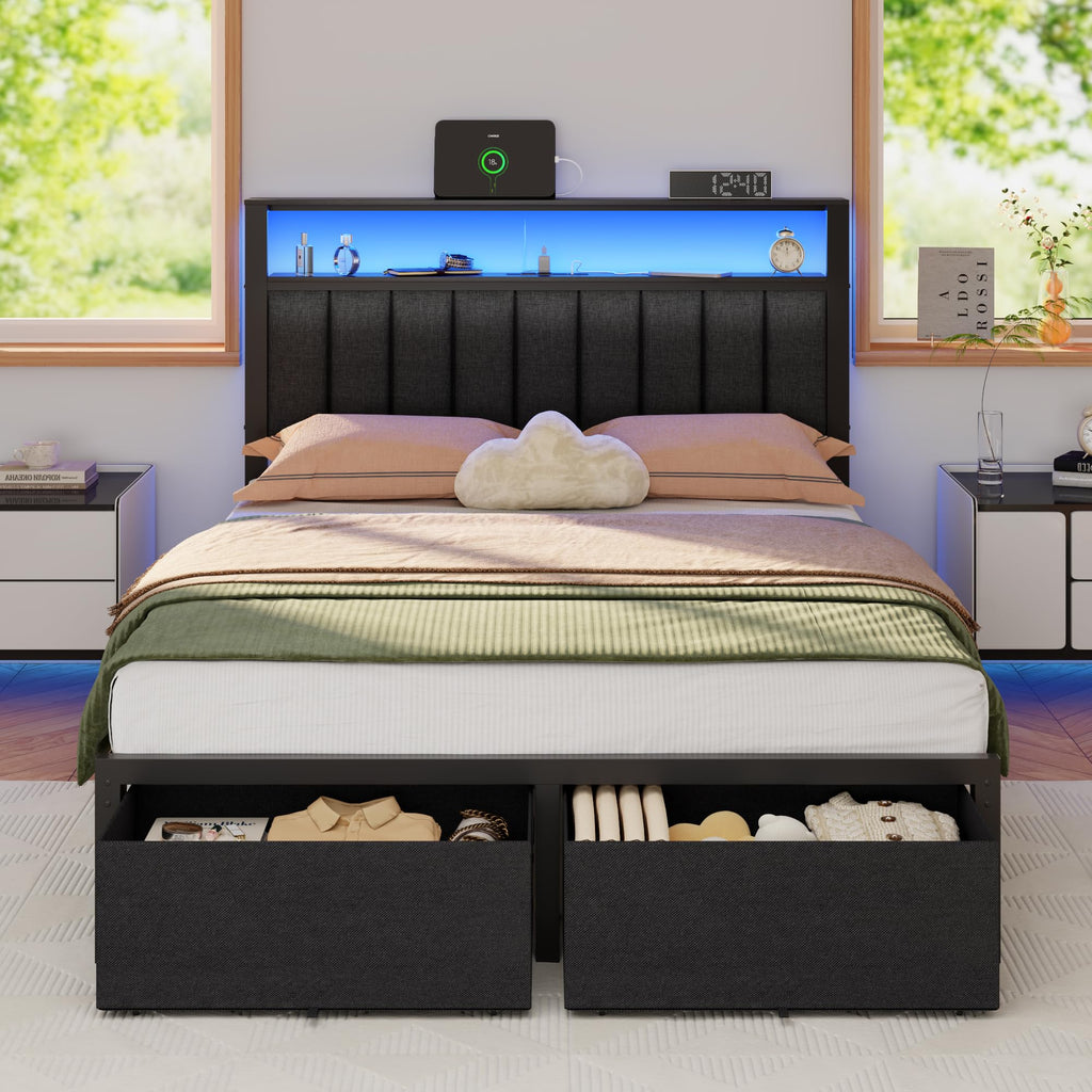 Furnulem Twin Bed Frames with Storage Drawers and Upholstered Headboard