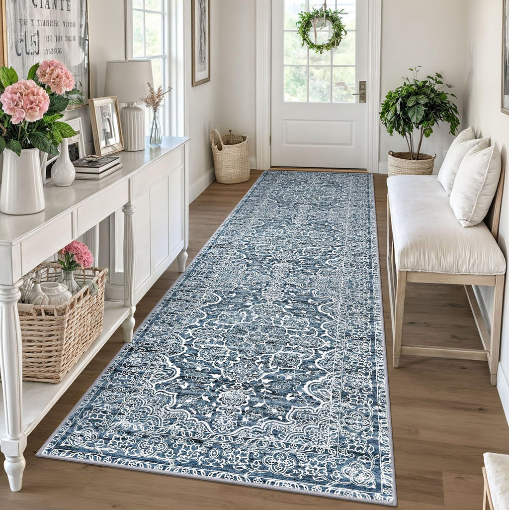 KUTA Vintage Extra Long Runners for Hallways 2.6x18ft Washable Blue White