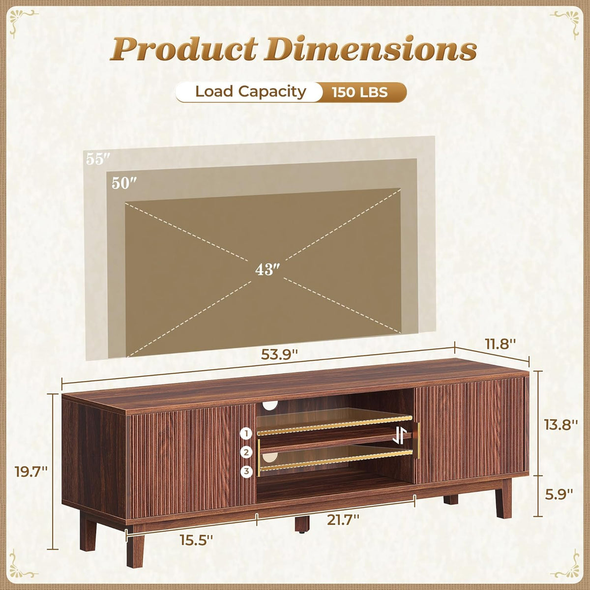 PRAISUN 54 Inch Fluted TV Stand for TVs Up to 55, 60 Inch, Mid Century Modern Entertainment Center with Storage, TV Console with Adjustable Shelves, Media Console for Living Room Bedroom, Brown