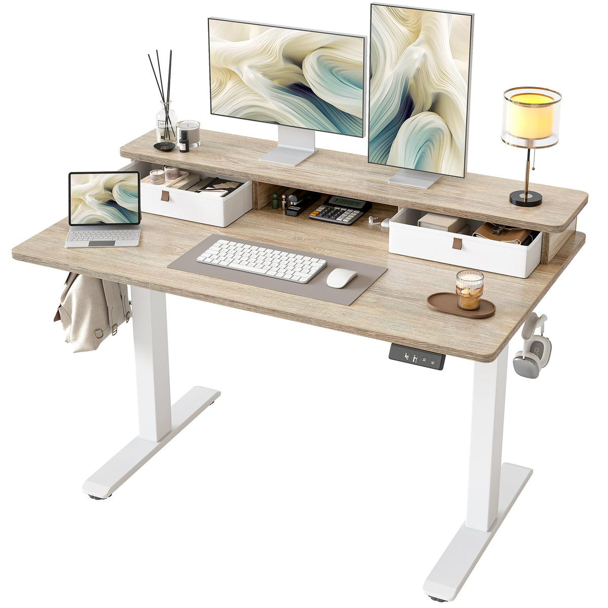 TIQLAB Standing Desk with Two Drawers, Stand Up Standing Desk Adjustable Height, Electric Sit Stand Table with Storage Shelf and Splice Board, with LED Light, 55 * 28 inch, Maple