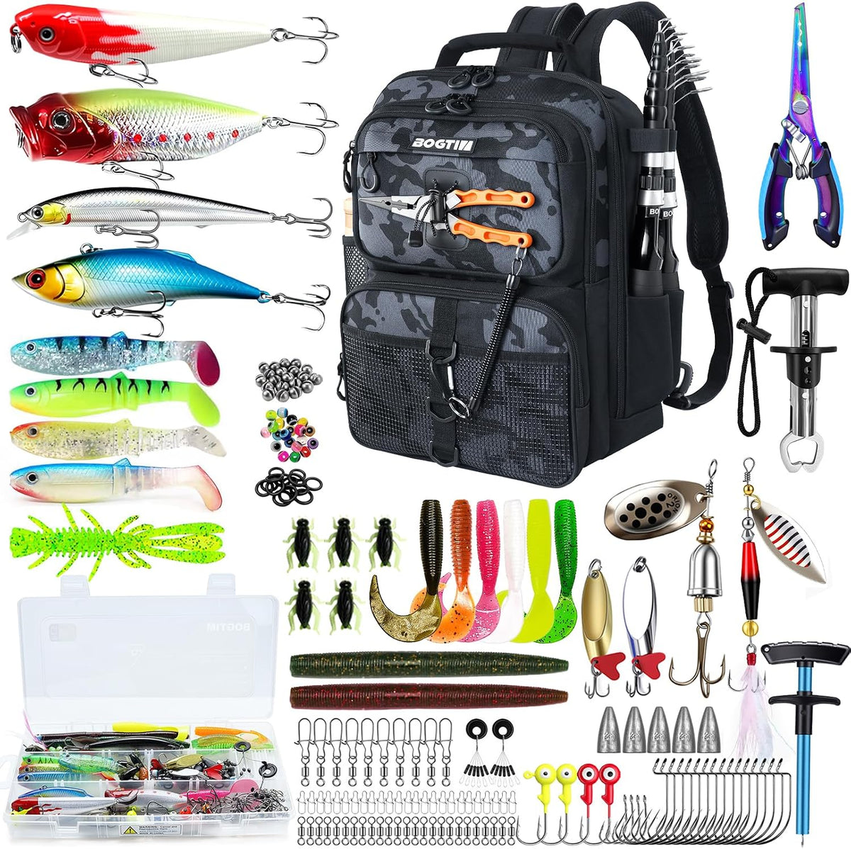 Fishing Backpack with Tackle Boxes and Lures Kit, Fish Gear, 2 Rod Holder