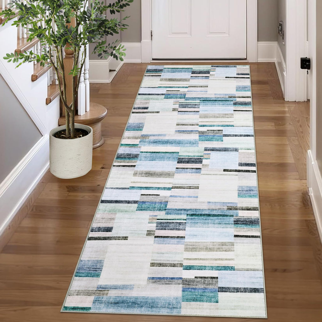 Modern Washable 8x10 Area Rug - Soft, Non-Slip, Stain Resistant, Farmhouse Tartan Plaid for Living Room, Bedroom, Nursery, Office - Beige