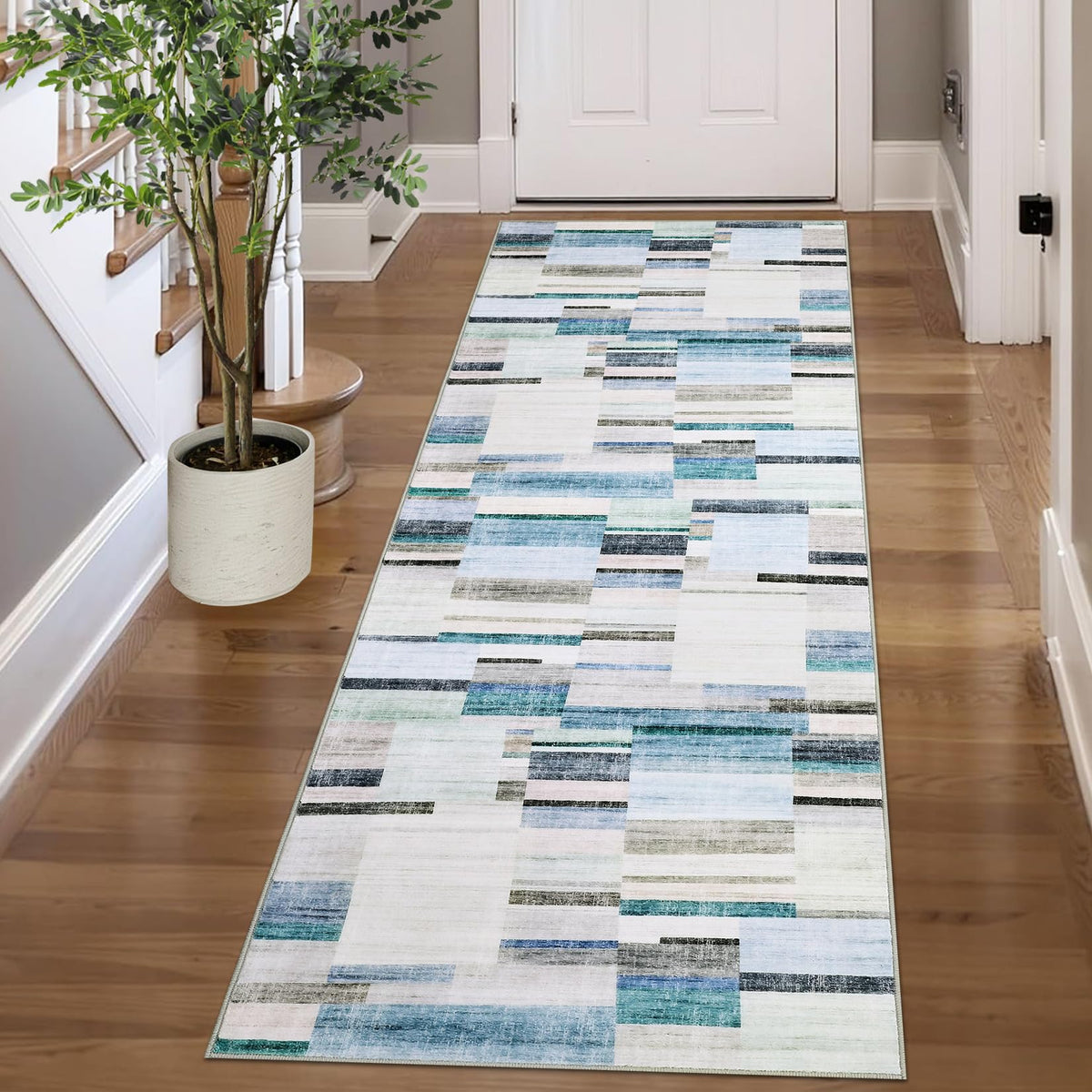 Modern Washable 8x10 Area Rug - Soft, Non-Slip, Stain Resistant, Farmhouse Tartan Plaid for Living Room, Bedroom, Nursery, Office - Beige