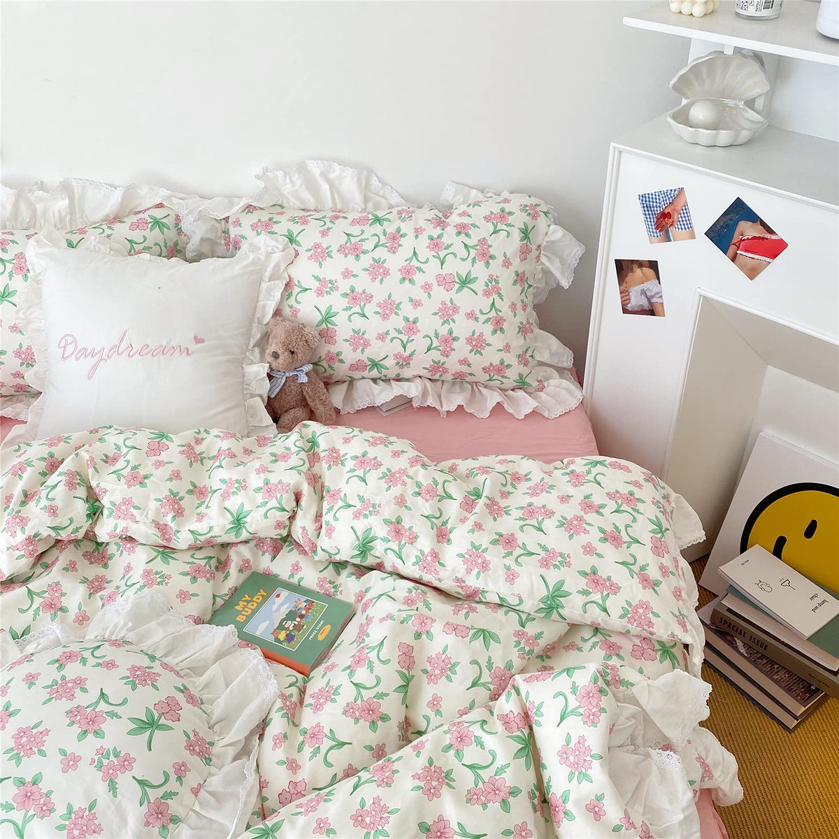 Floral Duvet Cover Set Muslin Cotton Queen(90"x90"),Pink Flower