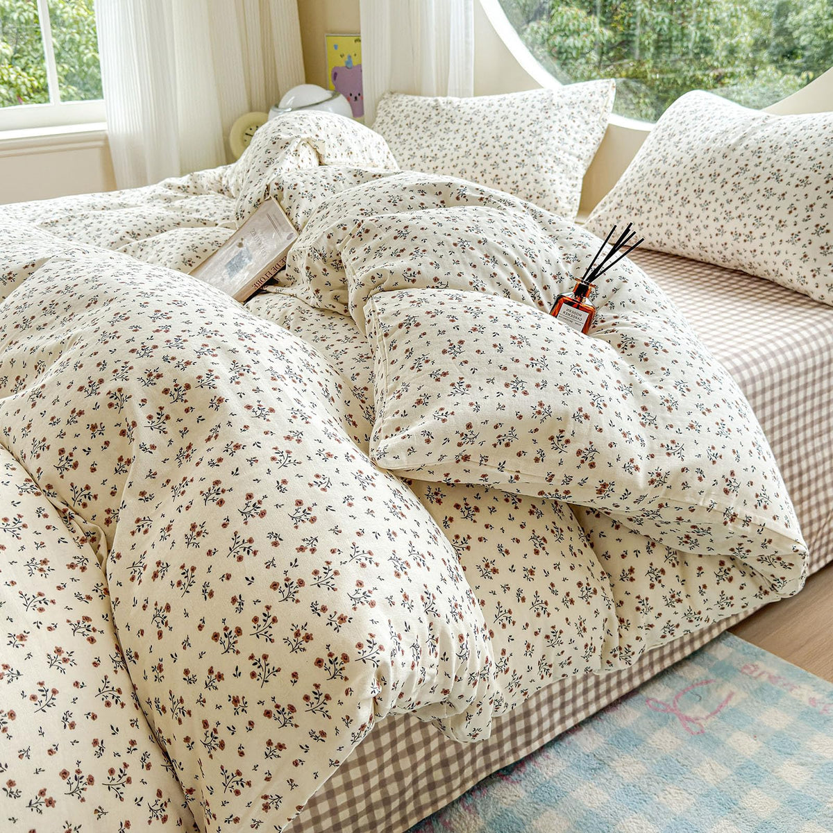 Floral Duvet Cover Set Muslin Cotton Queen(90"x90"),Pink Flower