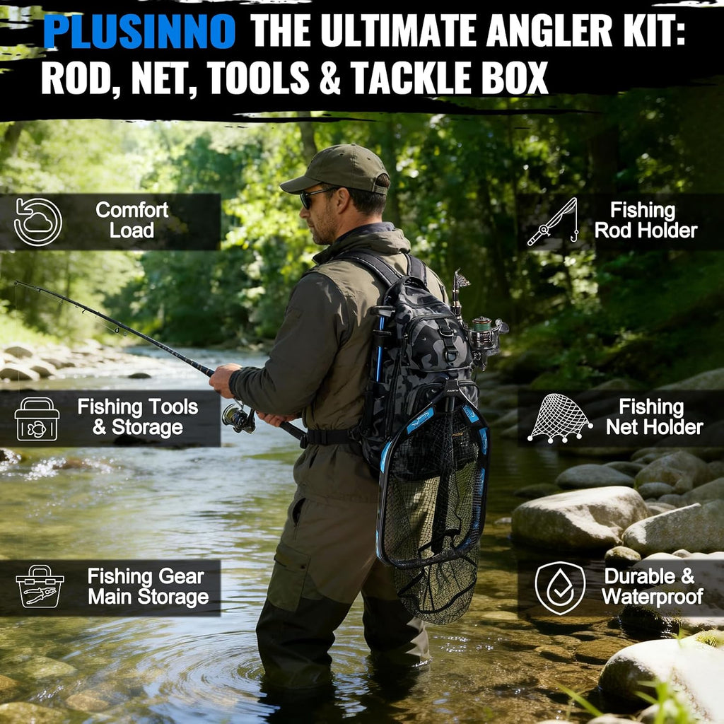 PLUSINNO Fishing Gear-Fishing Rod & Fishing Backpack, Fish Net,Tackle Box