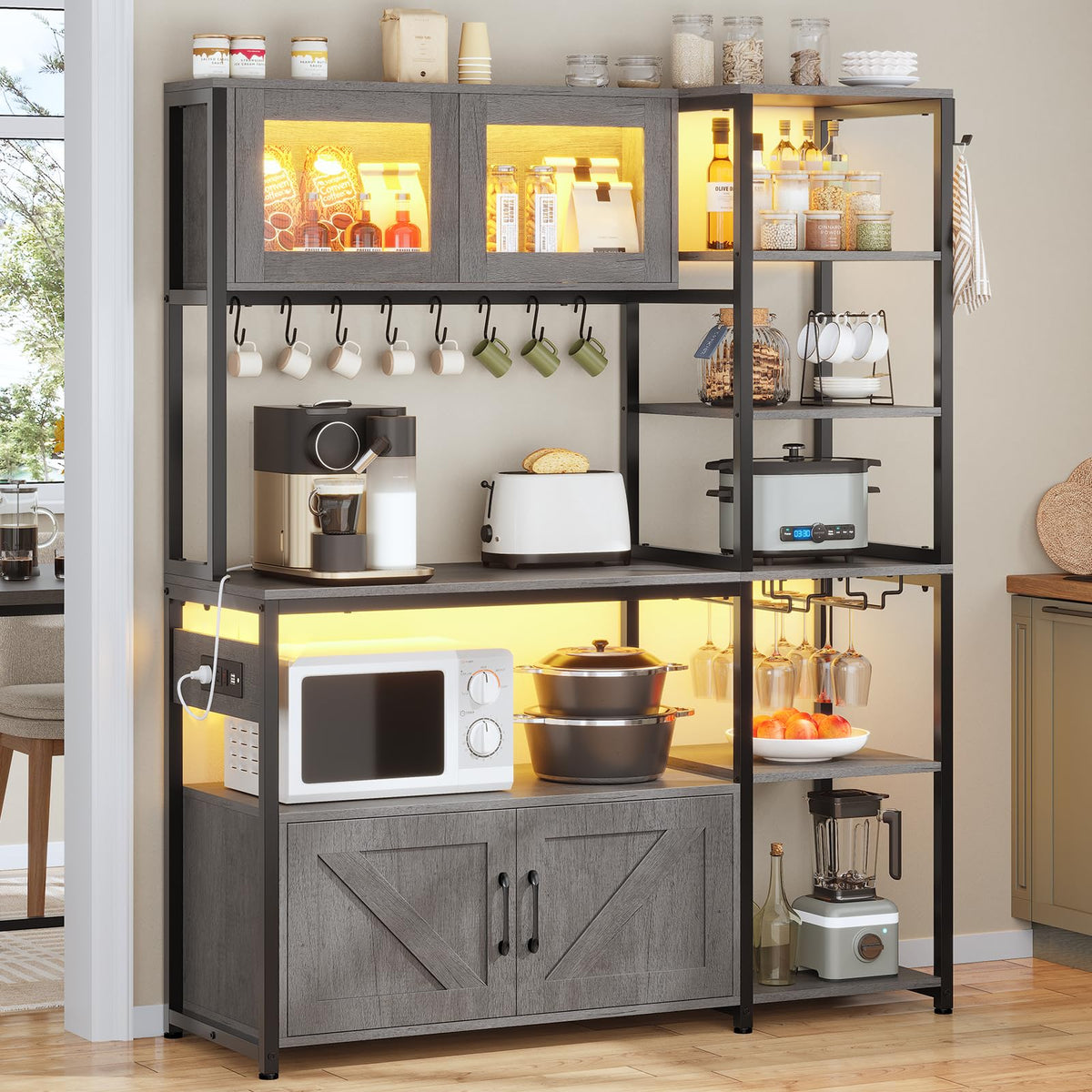 Itaar Bakers Rack with Power Outlet and LED Light, 45.3 Inch Farmhouse Coffee Bar Cabinet, Kitchen Microwave Stand with Storage, Glass Cabinet, Goblet Holder and 8 Hooks, Black