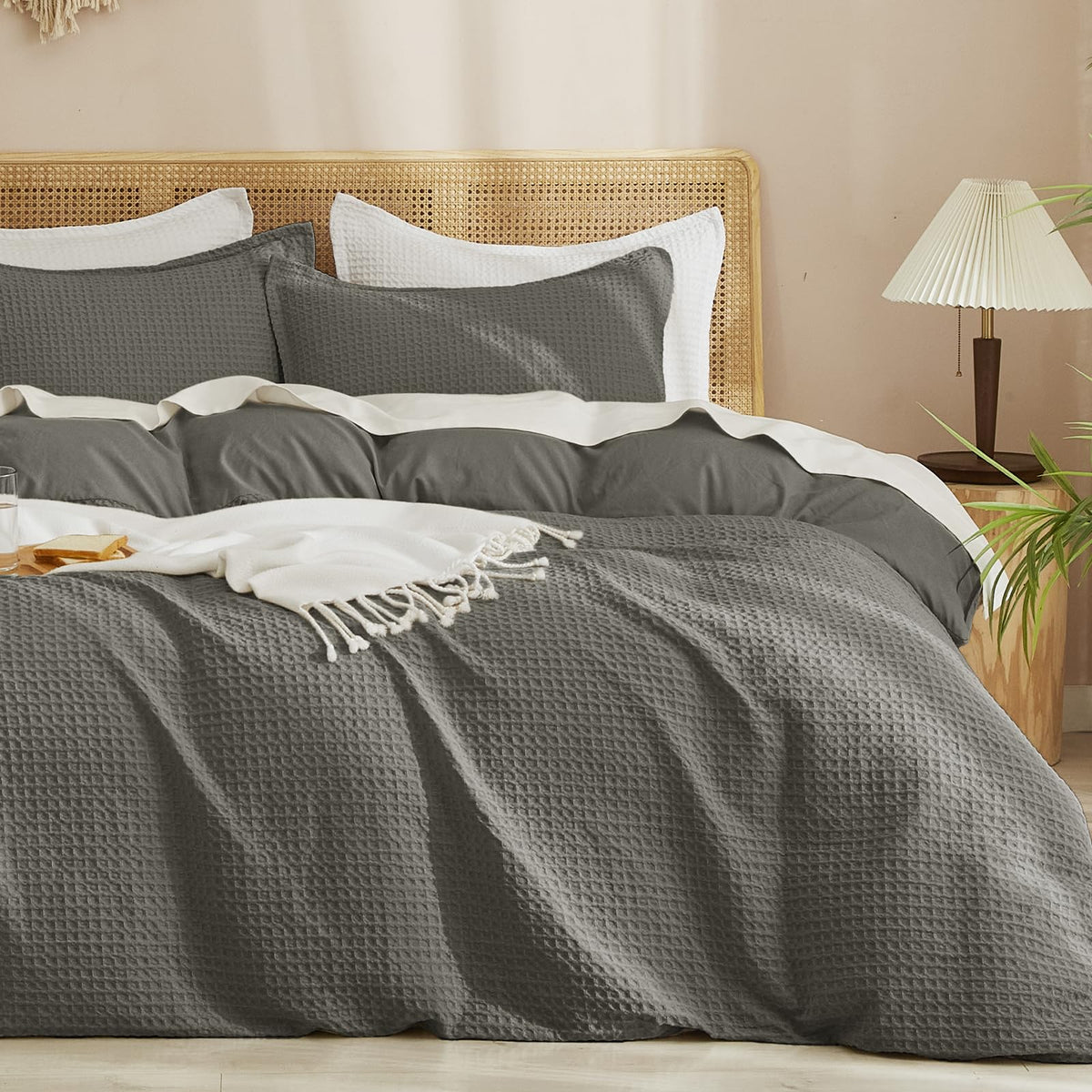 PHF Waffle Duvet Cover California King, Soft & Breathable, 104"x98", Linen