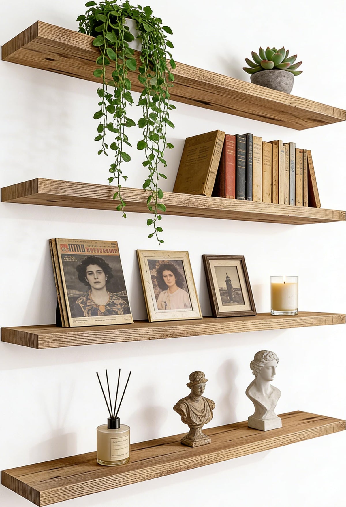 48 Inch Rustic Wood Floating Shelves Farmhouse Wooden Wall Shelves for Bathroom Bedroom Living Room Kitchen Office Set of 4 Light Brown