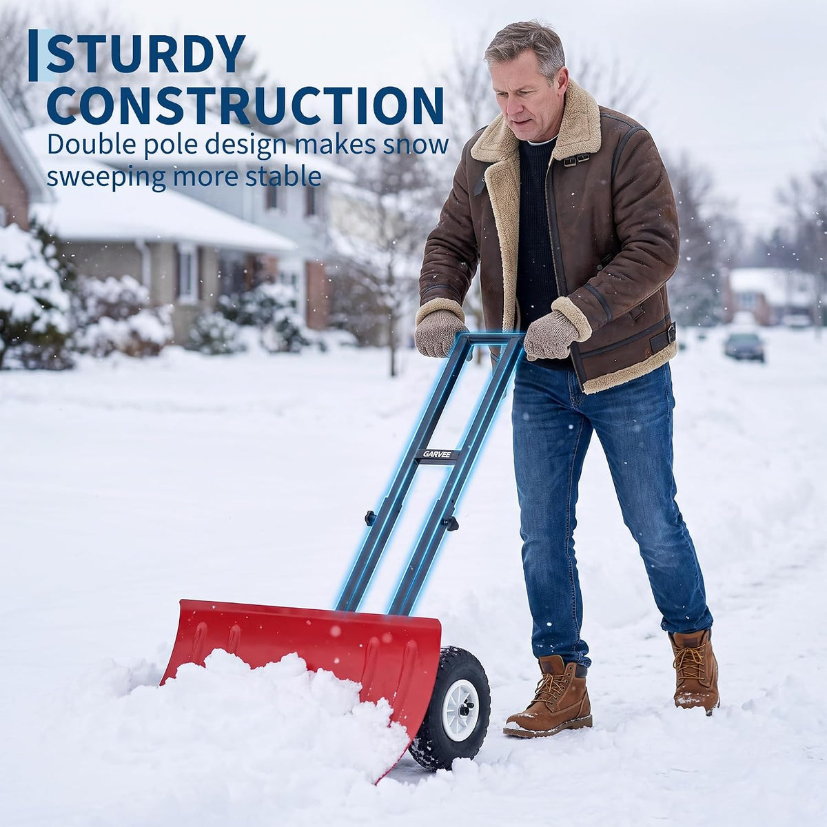 Snow Shovel with Wheels, 29" W x 16.54" H, Double Rod, Red