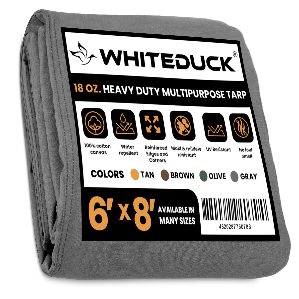 WHITEDUCK Canvas Tarp 18 oz. Heavy Duty Water Repellent UV Resistant, Rustproof Grommets, Industrial & Commercial Use Cloth Tarp (Cut Size: 8'x12', Finished Size: 7'6"x11'6", Olive Drab)