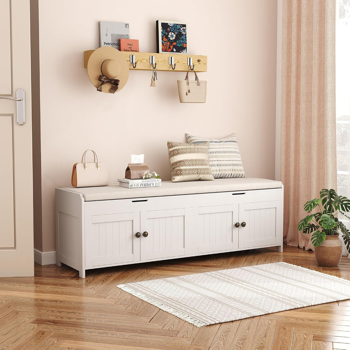 HOMEFORT 54.4" Shoe Bench with Lift Top Storage, Entryway Bench with Cushioned Seat, Wooden End of Bed Bench, Shoe Cabinet Bench with Hidden Storage Space, for Bedroom, Hallway,White