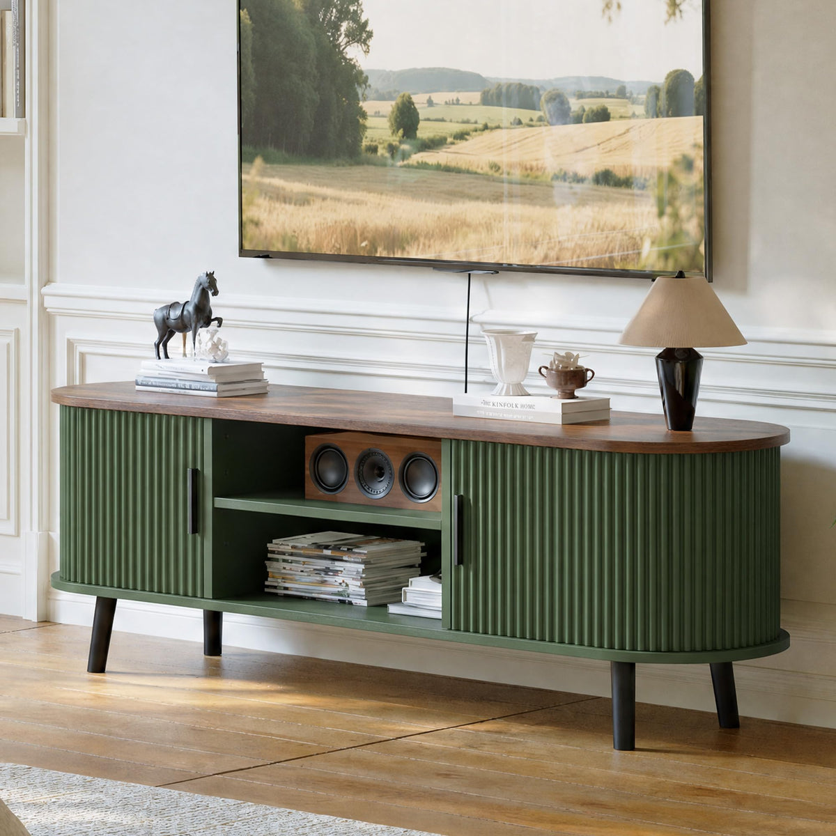 ChooChoo 54" Mid Century Modern TV Stand with Fluted Sliding Doors
