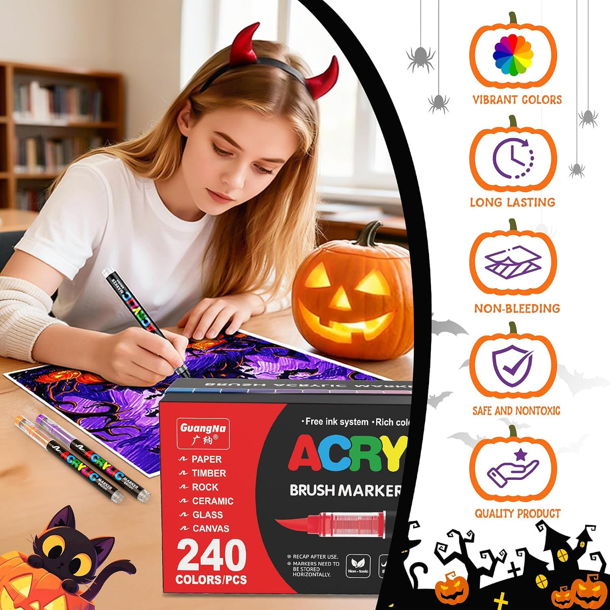 Guangna 240 Acrylic Paint Markers, Brush Tip Acrylic Paint Pens, Quick-Drying Waterproof Ink, for Rock Painting Plastic Wood Canvas Glass Ceramic Metal Art Crafts Supplies Gift