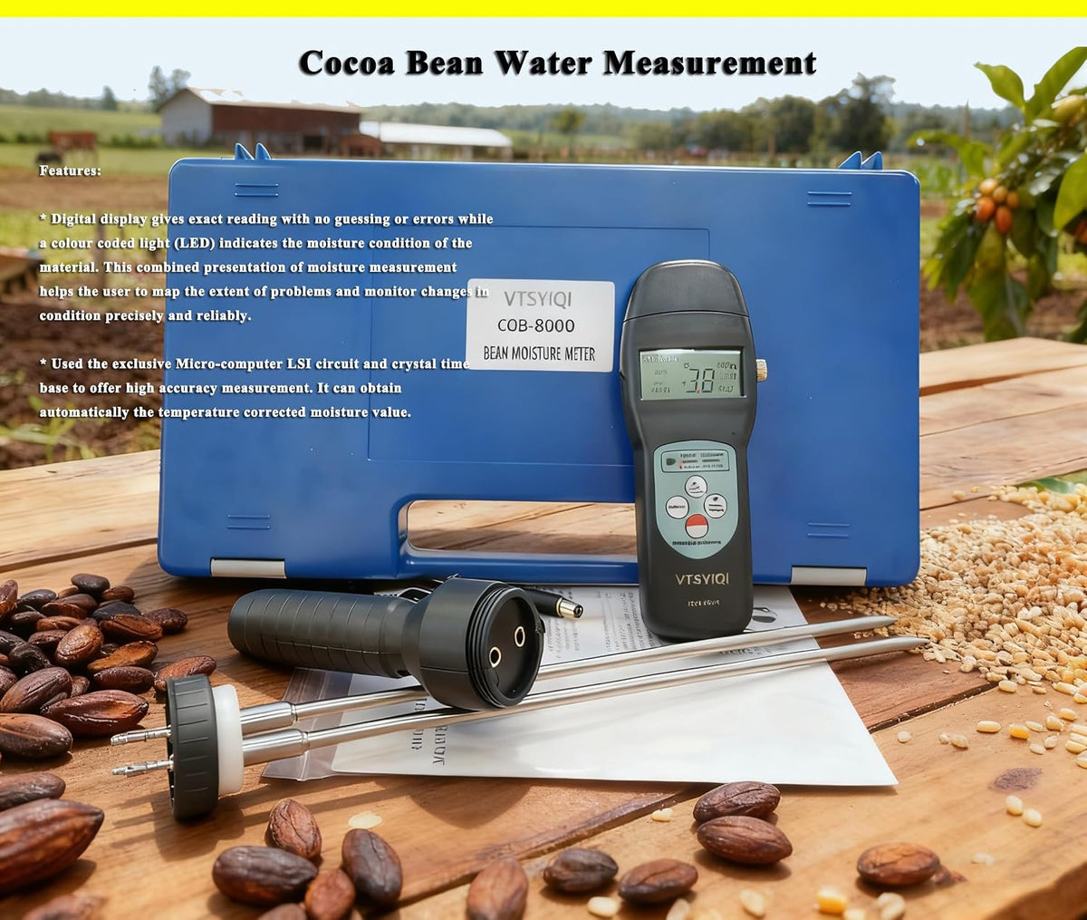 Digital LCD Cocoa Bean Moisture Meter Tester Cocoa Bean Humidity Tester COB-8000 with Test Range 0 to 24% for Cocoa Bean Water Measurement