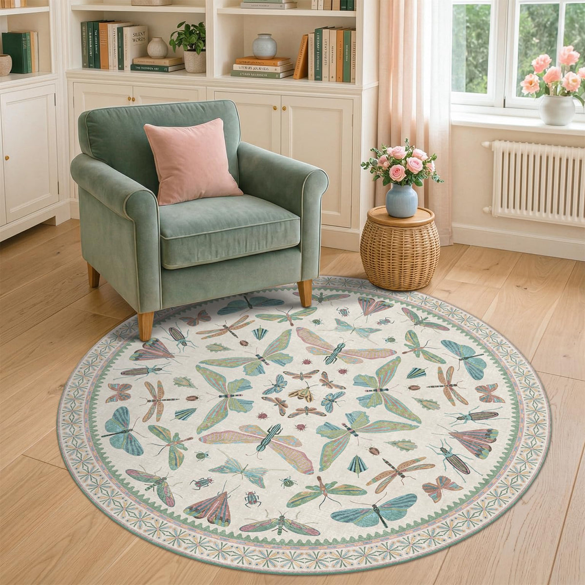Hazo Haus Dark Green Insect Area Rugs 8x10 for Living Room, Dining Room Under Table, Bedroom, Unique Washable Floral Non Slip Low Pile Soft Rug
