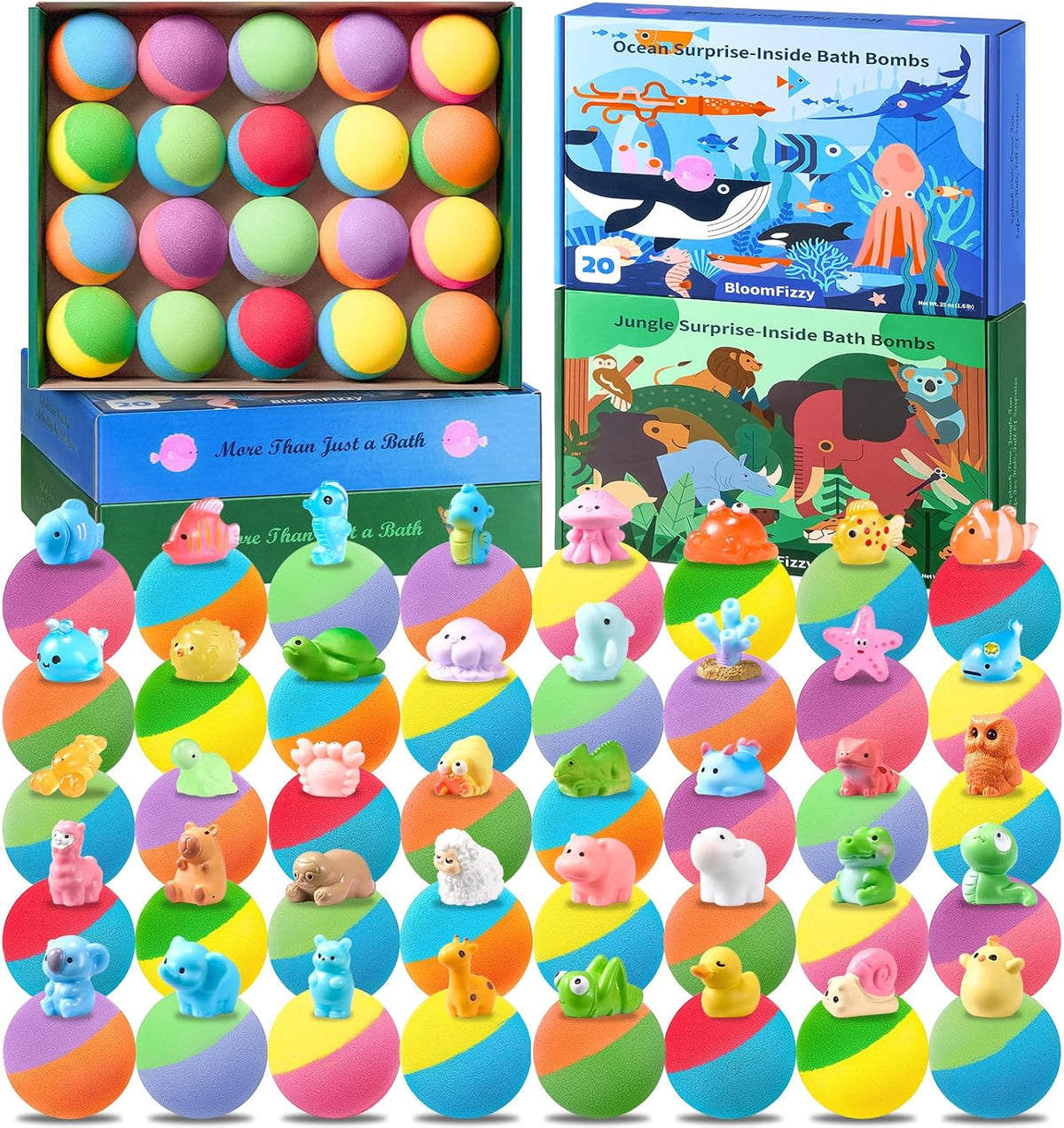40 Kids Bath Bombs with Ocean & Jungle Animal Toys, Dual-Themed Gift Boxes
