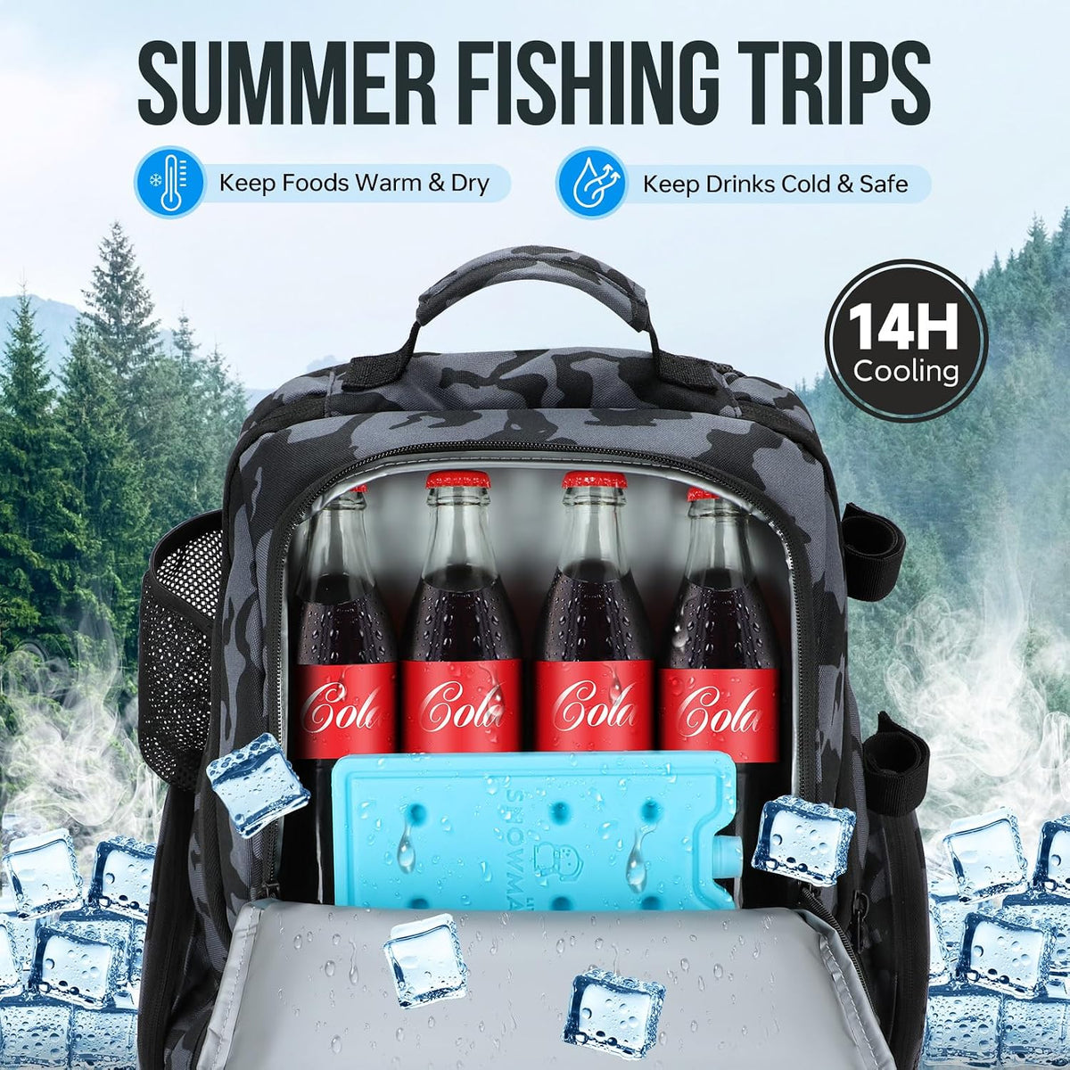 PLUSINNO Cooler Fishing Backpack with Rod Holders 45L Large Water-resistant Fishing Tackle bag Store Fishing Gear Fishing Gifts for Men Father