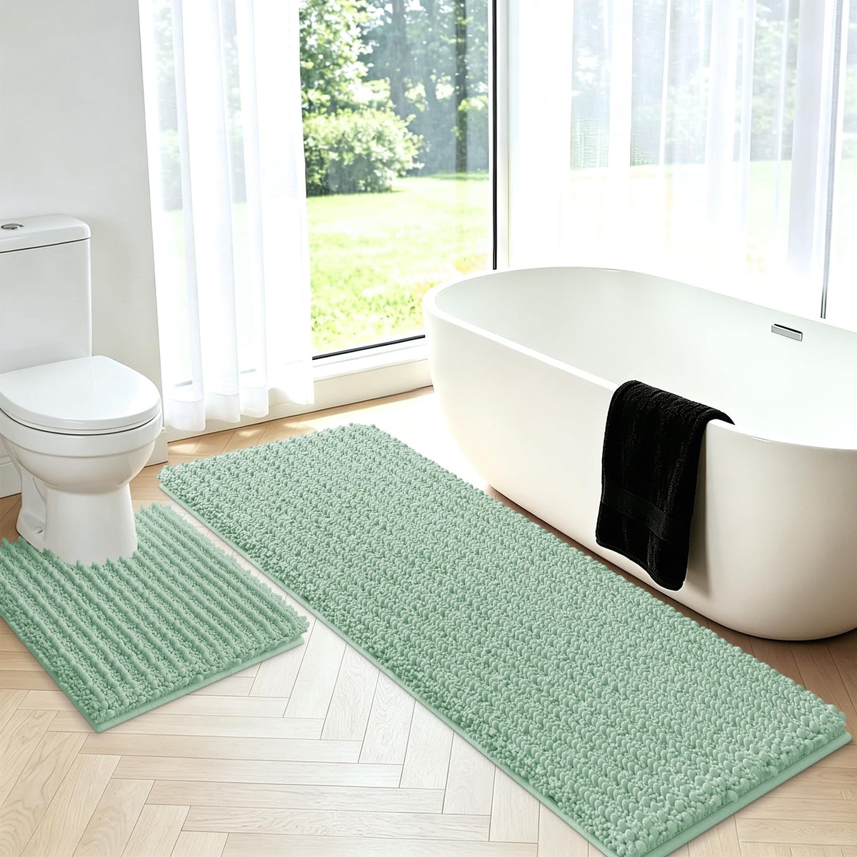 ACCUMTEK Upgrade Extra Large Black Bathroom Rug Set 3 Pieces Ultra Soft, Thick Absorbent Bath Mats, Non Slip Chenille Toilet Mat for Bathroom, Bedroom, Kitchen