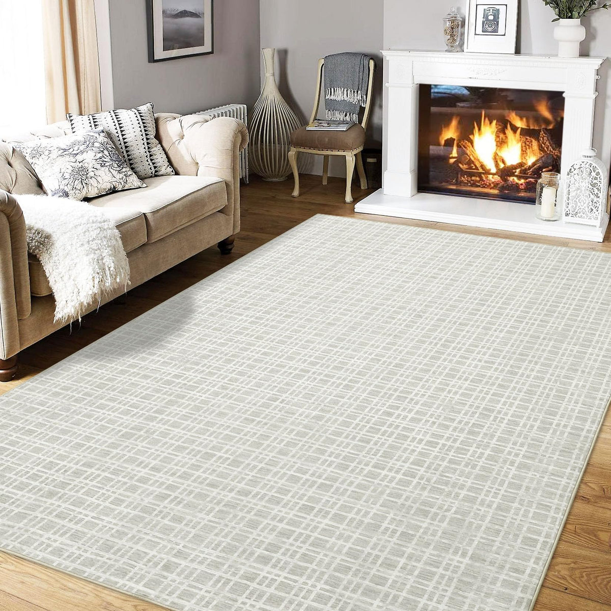 Modern Washable 8x10 Area Rug - Soft, Non-Slip, Stain Resistant, Farmhouse Tartan Plaid for Living Room, Bedroom, Nursery, Office - Beige