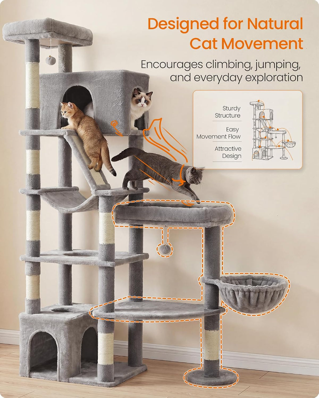 Feandrea Large Cat Tree, 74.1" Tall Sturdy Cat Tower for Indoor, Dove Gray