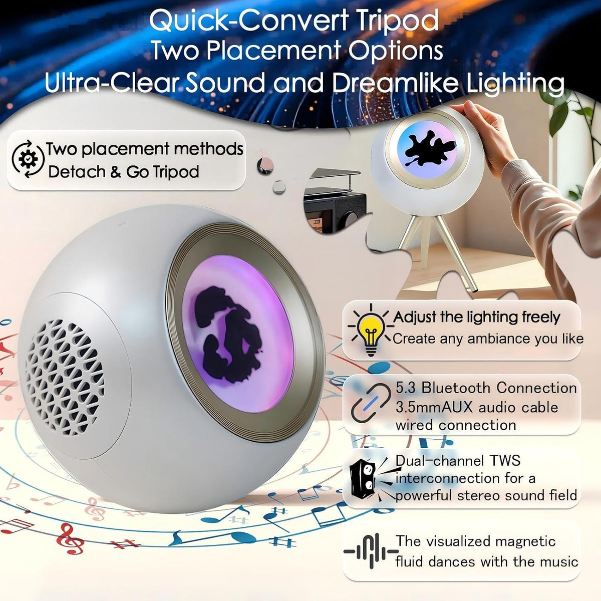 Ferrofluid Speaker, 30W High-Power Audio Visualizer Bluetooth Speaker Enhanced Bass&Crisp Highs, Dual Stereo Channel,TWS paired,Vibrant Ambient Colorlight,Desktop Ferrofluid Toy for PC&Phone