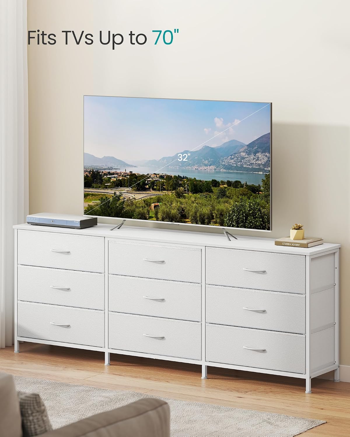SONGMICS Dresser with 9 Fabric Drawers, TV Stand for TVs Up to 70 Inches