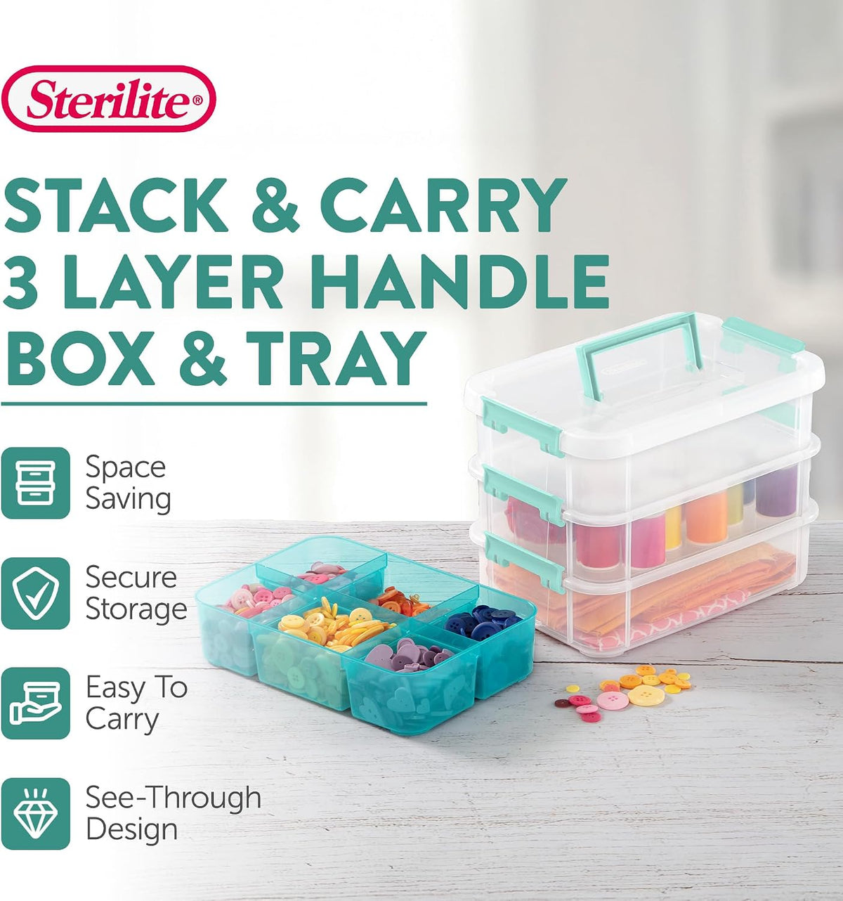 Sterilite Stack & Carry Storage Box, 3 Layer Clear Plastic Tote, 12-Pack