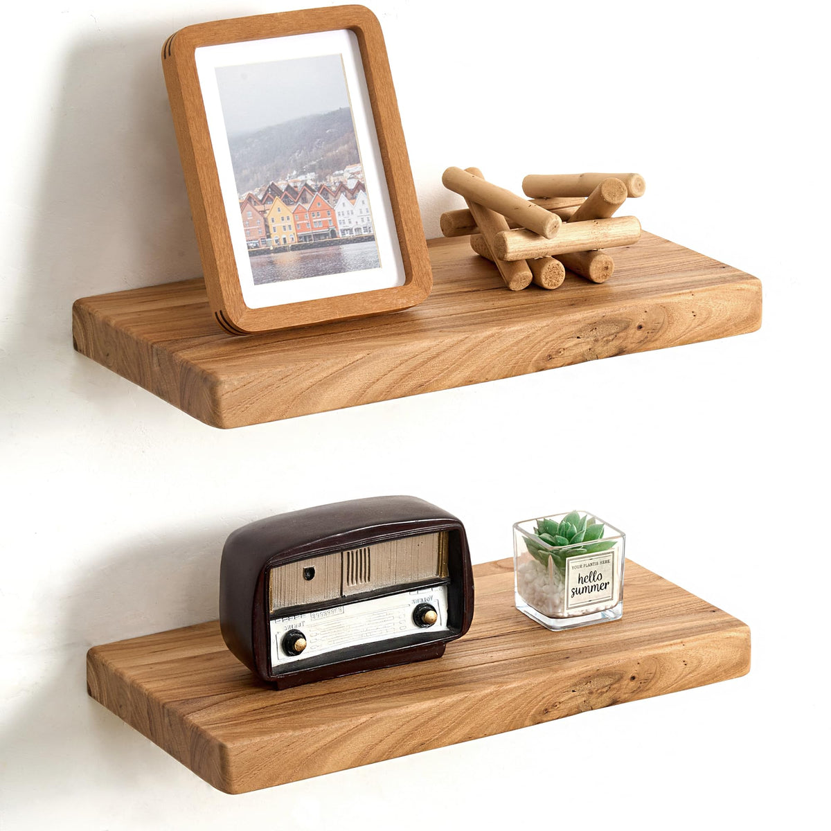 Floating Shelves for Wall, Solid Elm Wood Shelves, 24in Set of 2, Natural