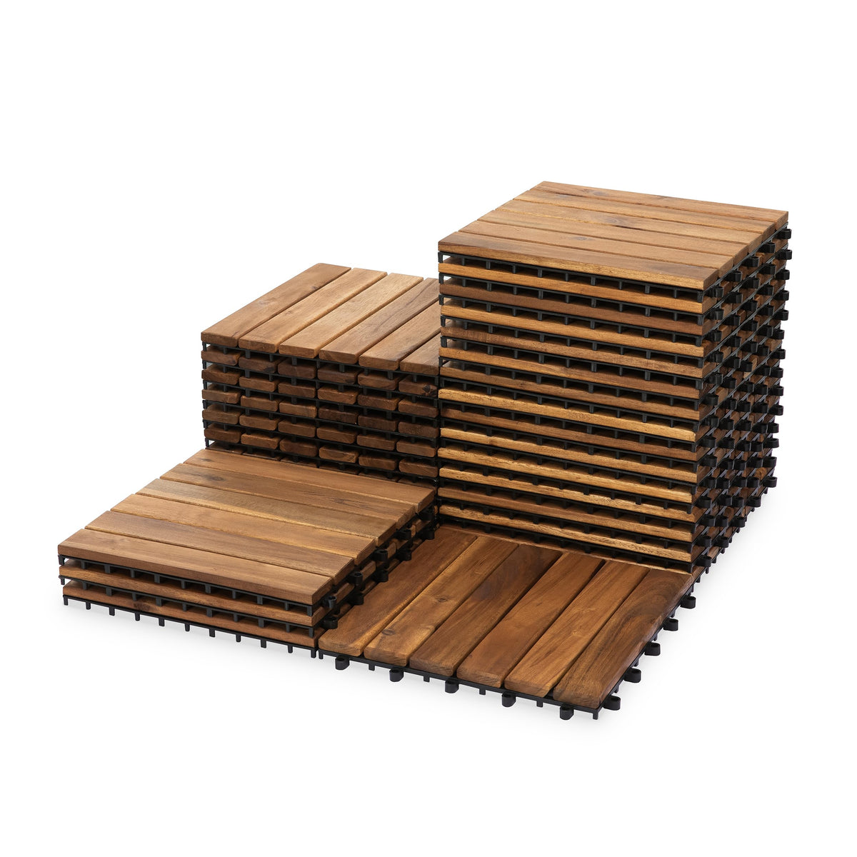 VICTORY RELAX Natural Acacia 12x12 Interlocking Wood Deck Tiles for Balcony, Garden, Patio, Poolside Decor - Waterproof Indoor & Outdoor Flooring - 12 Slats, Round Joints, Pack of 27, Natural Color