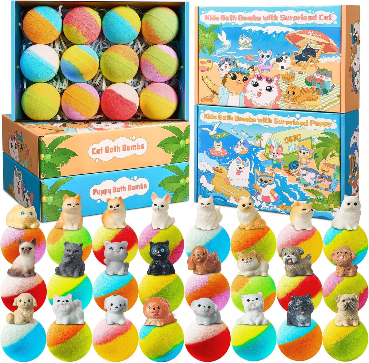 24 Pack Kids Bath Bombs with Surprise Puppy & Cat Toys, Kid-Safe Gift Set