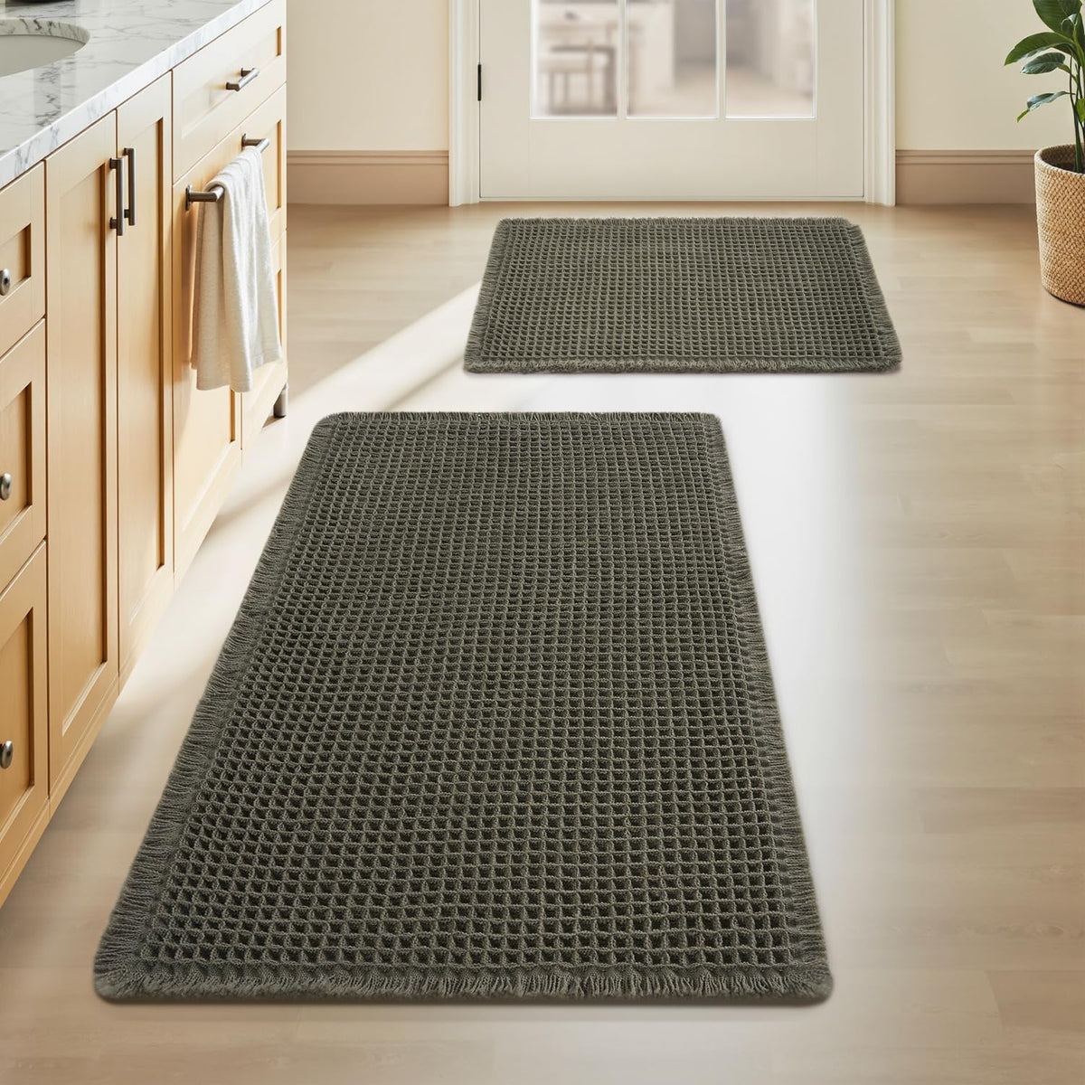 Upgraded Waffle Bath Mat Set of 2 Absorbent Bathroom Mat 18"x30" + 24"x48"