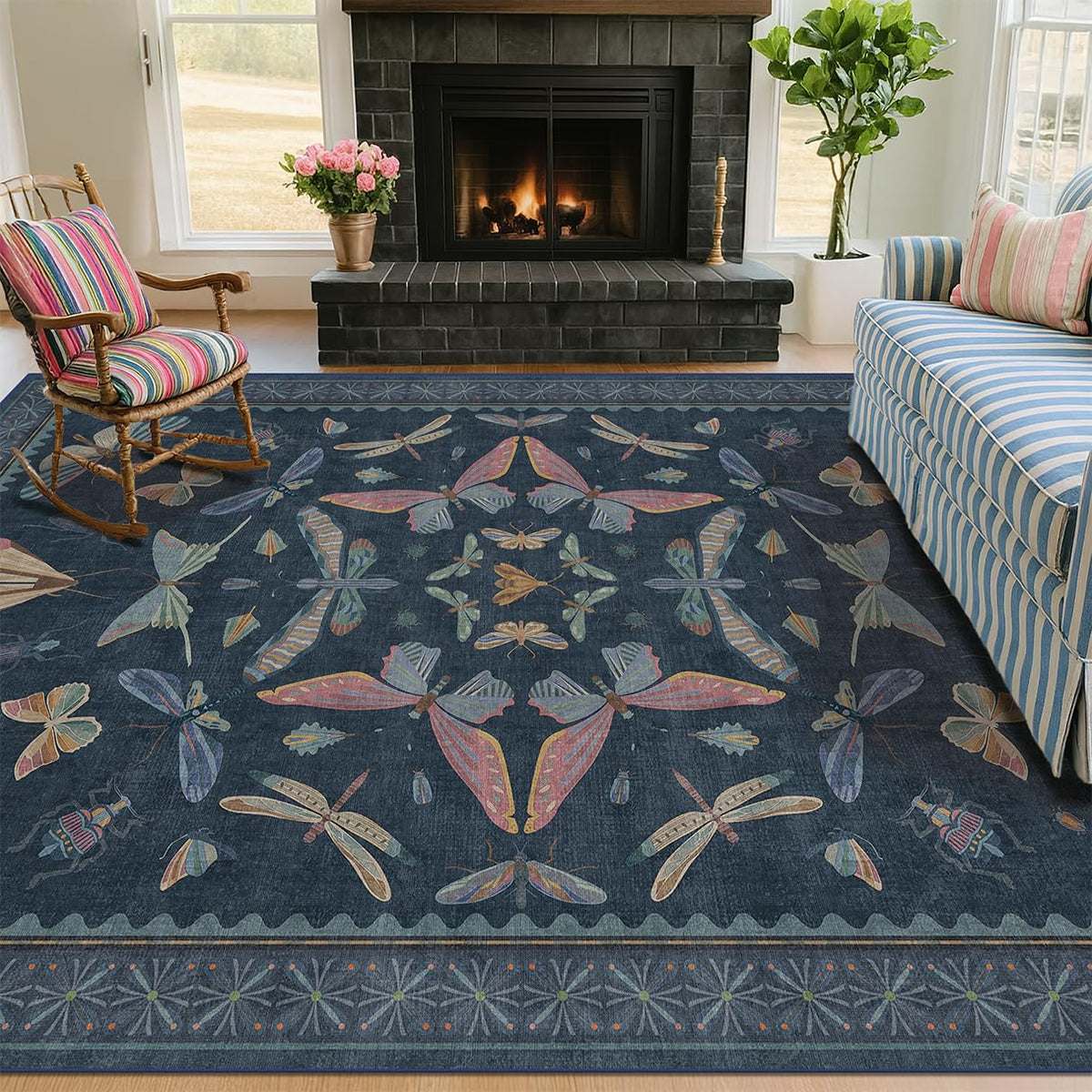 Hazo Haus Dark Green Insect Area Rugs 8x10 for Living Room, Dining Room Under Table, Bedroom, Unique Washable Floral Non Slip Low Pile Soft Rug