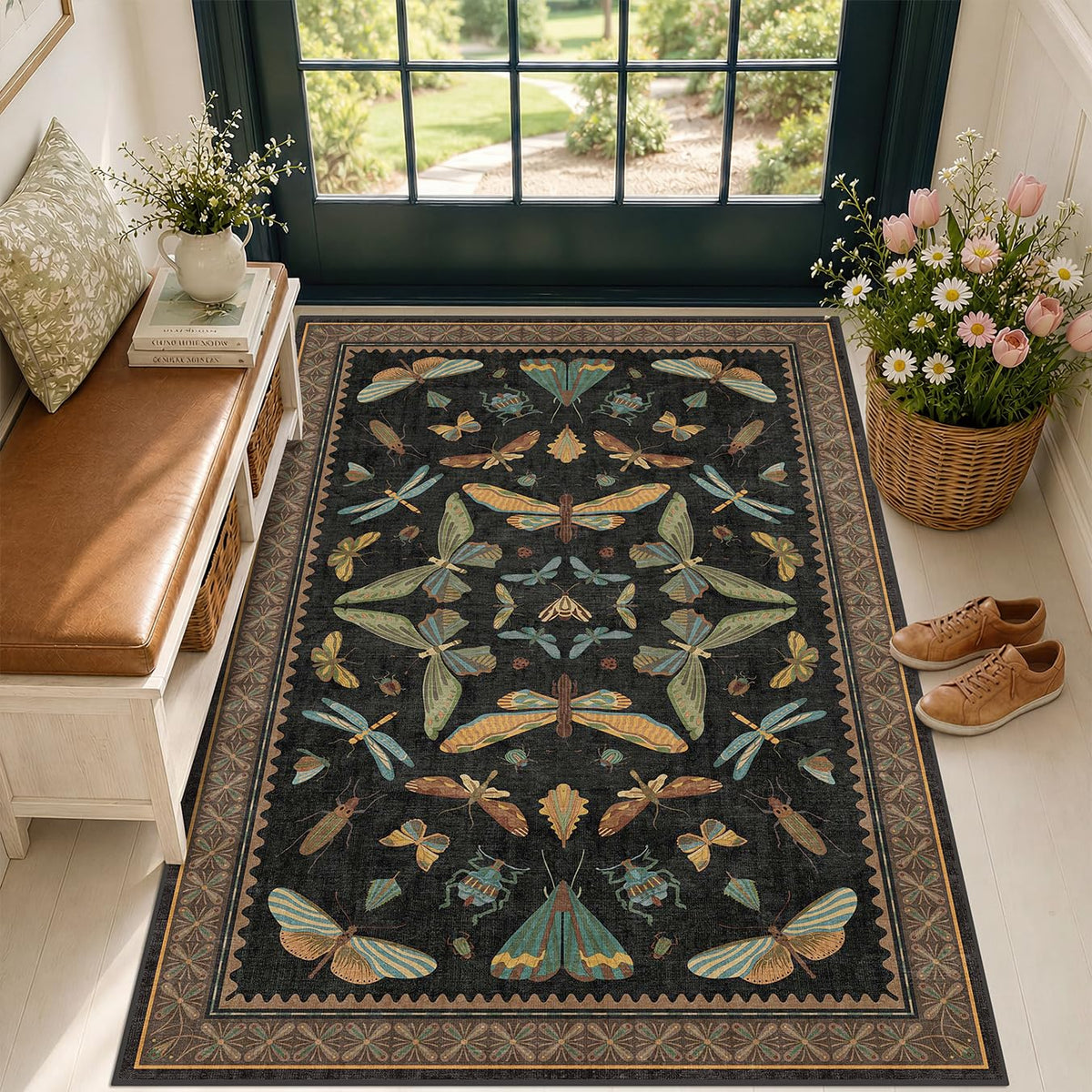 Hazo Haus Dark Green Insect Area Rugs 8x10 for Living Room, Dining Room Under Table, Bedroom, Unique Washable Floral Non Slip Low Pile Soft Rug