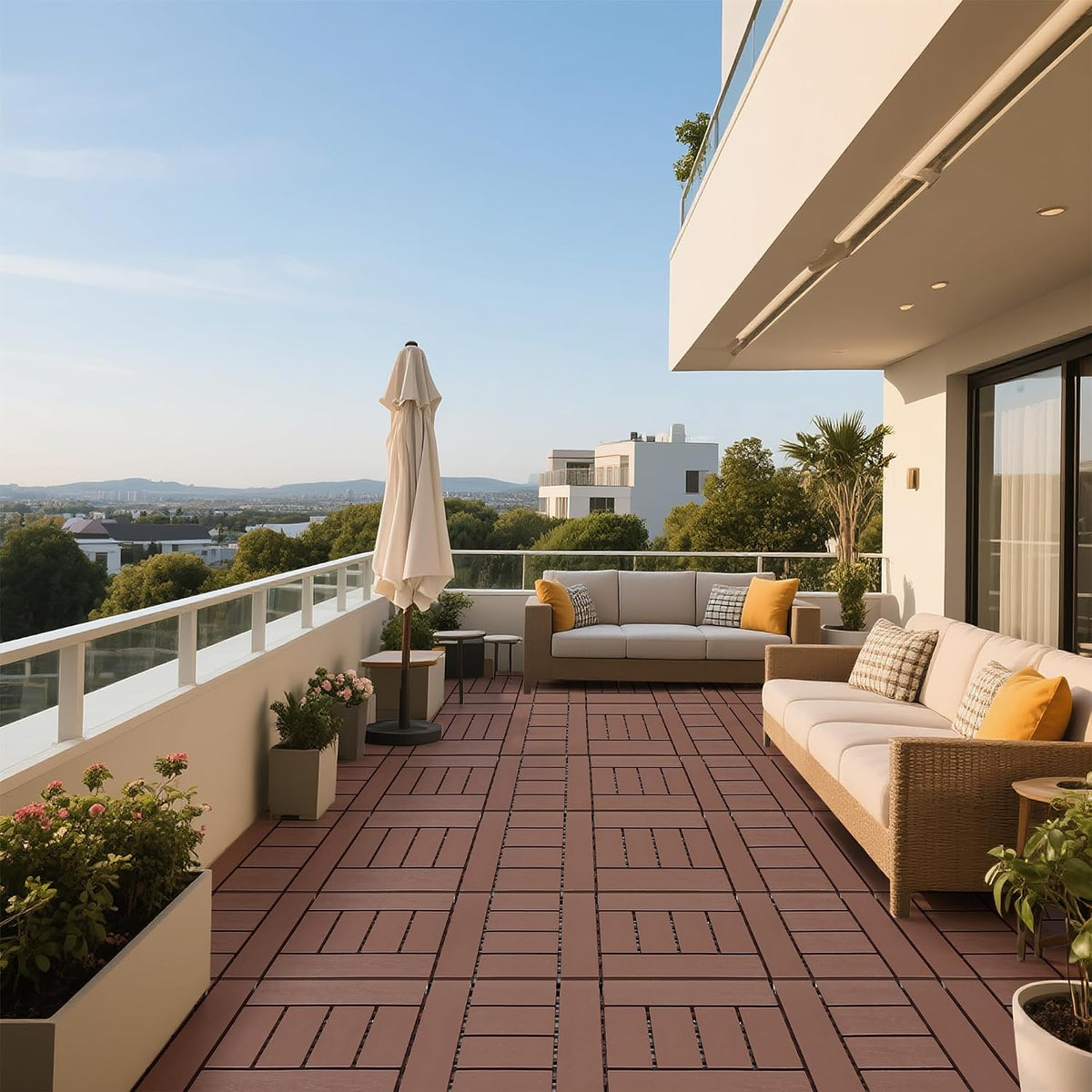 Deck Tiles for Outdoor, Plastic Outdoor Flooring Tiles, Kitchen Non Slip Polypropylene DIY Interlocking Flooring Tile Waterproof for Balcony/Patio, 44 Pcs, 12"x12" Square, All Weather Use, Brown