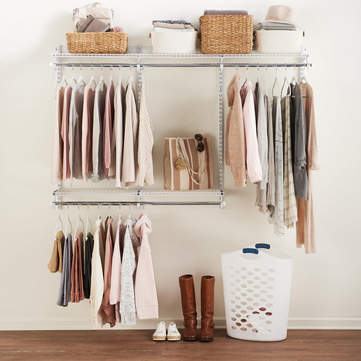 Rubbermaid Configurations Custom Closet Kit 4-8 Ft. Adjustable Metal Wire Shelving White Finish Expandable Organization System Hardware Included for Home Closet/Pantry/Laundry/Mudroom