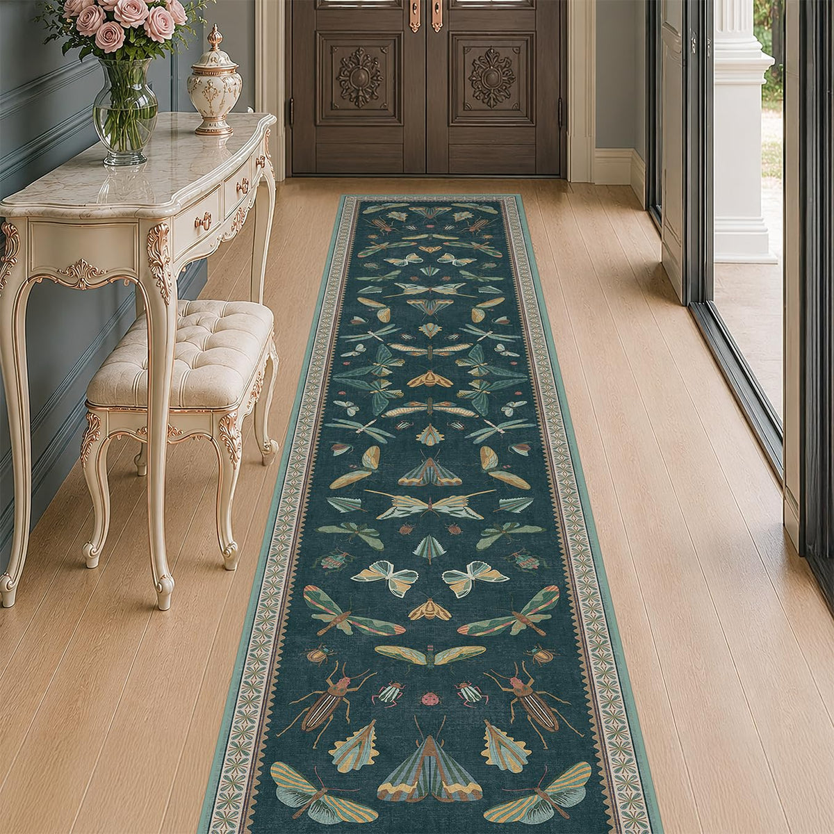 Hazo Haus Dark Green Insect Area Rugs 8x10 for Living Room, Dining Room Under Table, Bedroom, Unique Washable Floral Non Slip Low Pile Soft Rug