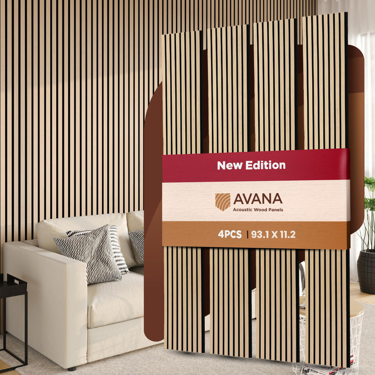 Avana Acoustic Wood Wall Panels – 93.2x11.25 Inch Panels – Fits 94x12 Layout – Rustic Walnut Acoustic Panels 4 PCs –Wall Panels For Interior Wall Decor For Homes, Offices – Durable Wood Panel For Wall