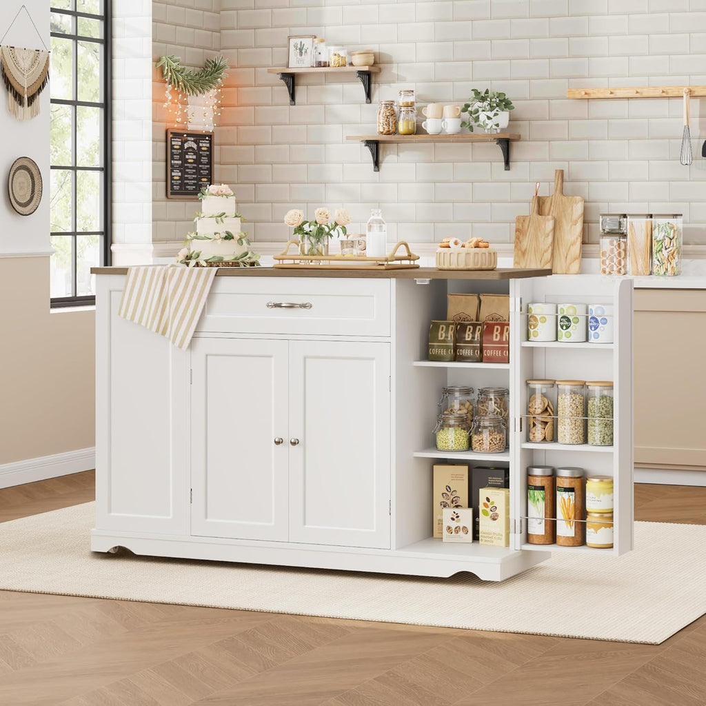 HOSTACK 47" W Kitchen Island Cart with Storage, Rolling Island Table, White