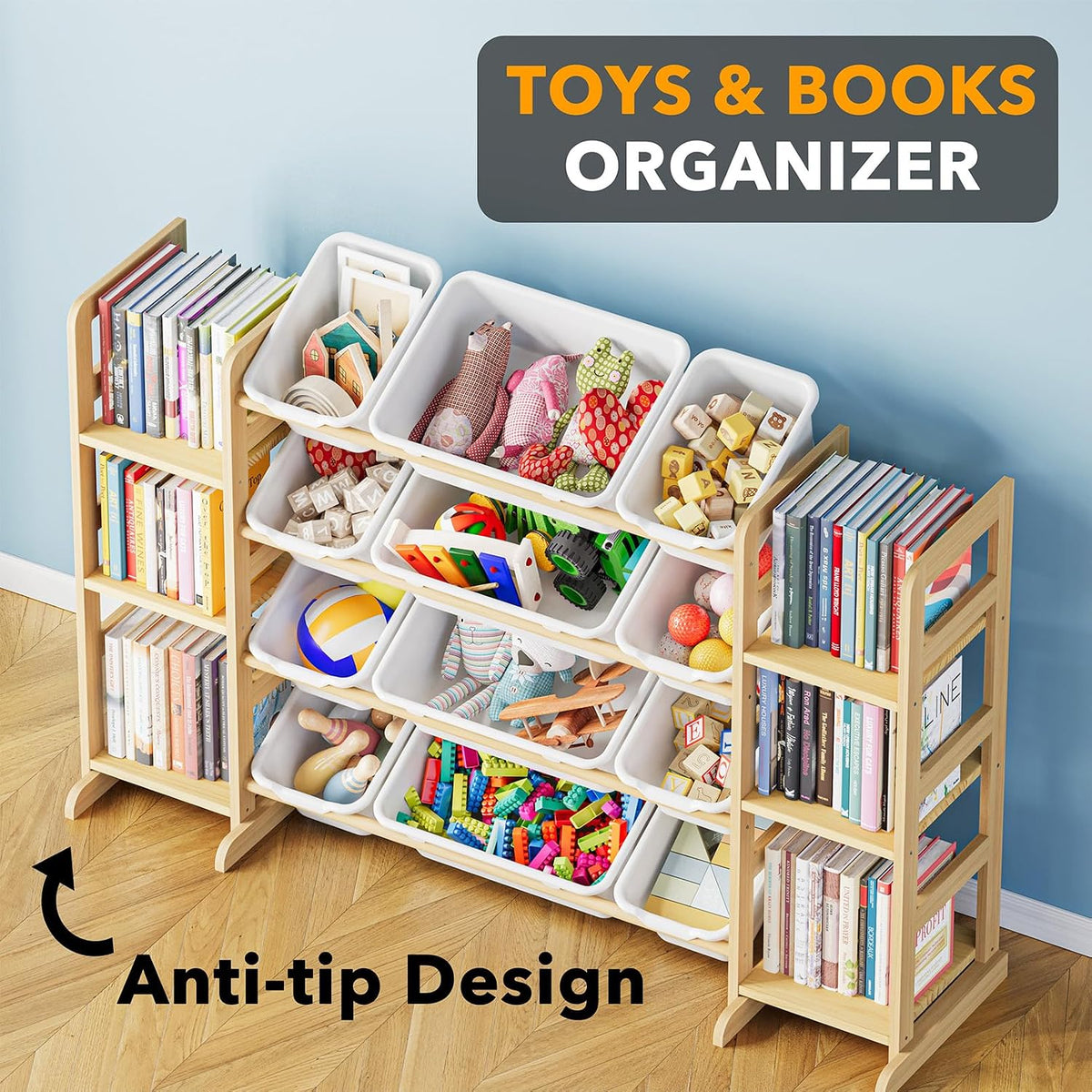 SpaceAid Toy Storage Organizer with 6 Shelves and 12 Bins, Bookshelf/Bookcase, Kids Bin Shelf, Toys Box for Playroom Organization for Bedroom & Room Decor, White, 52.3" W