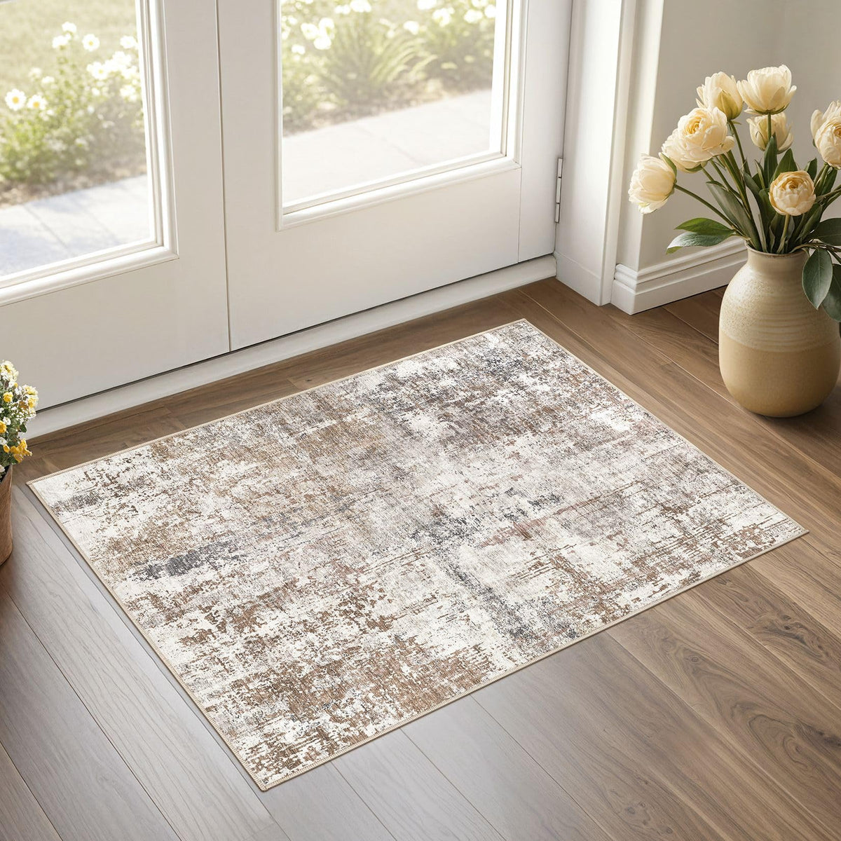 UERMEI 9x12 Area Rug Living Room Rugs - Washable Neutral Modern Abstract Soft Thin Large Rug Indoor Floor No Slip Rug Carpet for Bedroom Under Dining Table Home Office Decor - Brown Grey